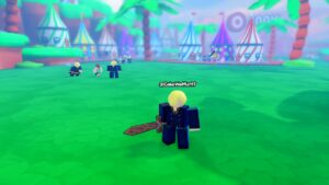 Roblox Anime Chaos Simulator Blonde Haired Character Holding Wooden Sword On Grass