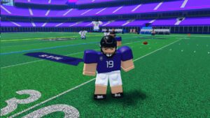 Roblox Football Legends Standing In Blue Jersey With White Team Behind On Field