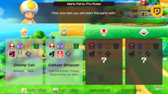 Desbloqueáveis ​​​​do Mario Party Jamboree: uma captura de tela da tela de seleção de item inicial como parte das Regras Pro