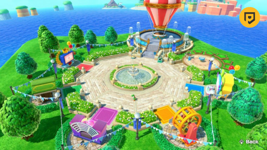 Desbloqueáveis ​​​​do Mario Party Jamboree: uma captura de tela da praça mostrando todas as arquibancadas com uma rodada PT no canto superior direito