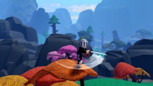 Roblox Ninjitsu Master Of Elements Standing On Orange Tree With Mountains Behind