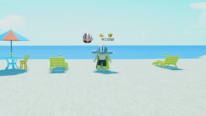 Roblox Be A Strongman Standing On Beach Near Chairs And Ocean