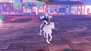 Roblox Horse Life Avatar Wearing Silver Helmet Riding A White Horrse Outside Store