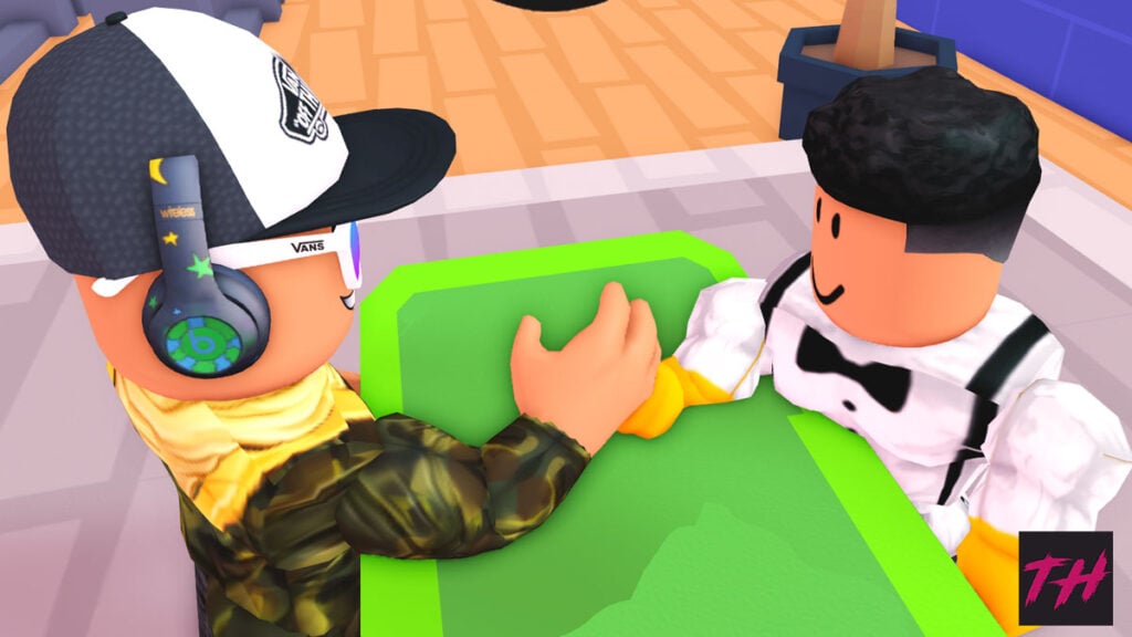 Queda de braço de dois personagens no Roblox Arm Wrestle Simulator.