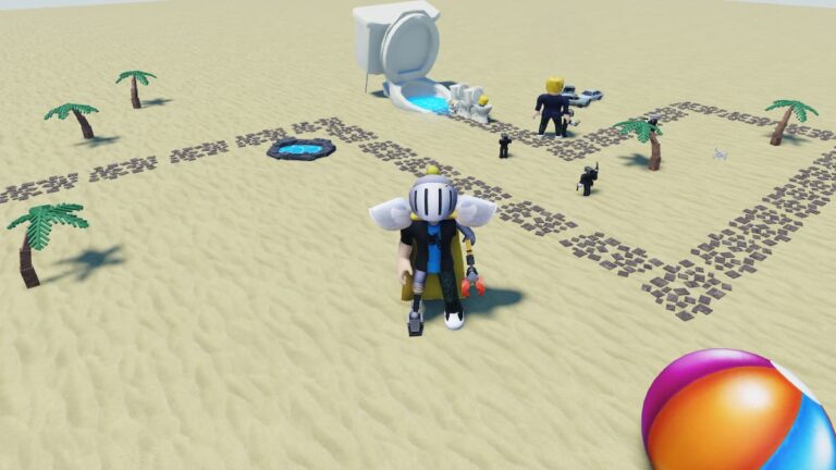 Roblox Toilet Raid Tower Defense Standing On Beach With Toilet And Beach Ball