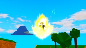 Roblox Dragon Ball Rage Avatar Glowing Yellow Aura Flying With Trees Below