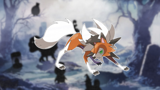 Pokémon mais raro em Pokémon Go: Dusk Form Lycanroc contornado em branco e colado em um fundo desfocado e assustador de Pokémon Go