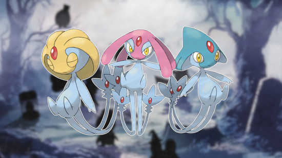 Pokémon mais raros em Pokémon Go: The Lake Guardians contornados em branco e colados em um fundo desfocado e assustador de Pokémon Go