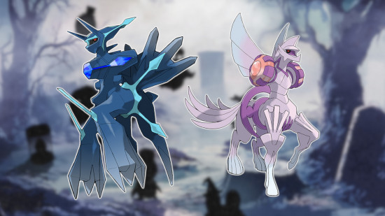 Pokémon mais raros em Pokémon Go: Origin Forme Dialga e Palkia contornados em branco e colados em um fundo desfocado e assustador de Pokémon Go