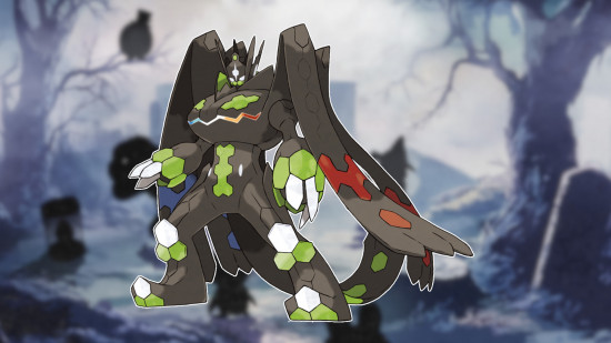 Pokémon mais raro em Pokémon Go: Zygarde Complete contornado em branco e colado em um fundo desfocado e assustador de Pokémon Go