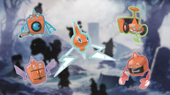 Pokémon mais raros em Pokémon Go: Rotom e suas várias formas delineadas em branco e coladas em um fundo desfocado e assustador de Pokémon Go