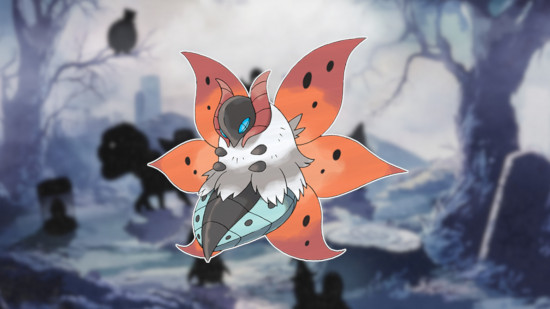 Pokémon mais raro em Pokémon Go: Volcarona contornado em branco e colado em um fundo desfocado e assustador de Pokémon Go