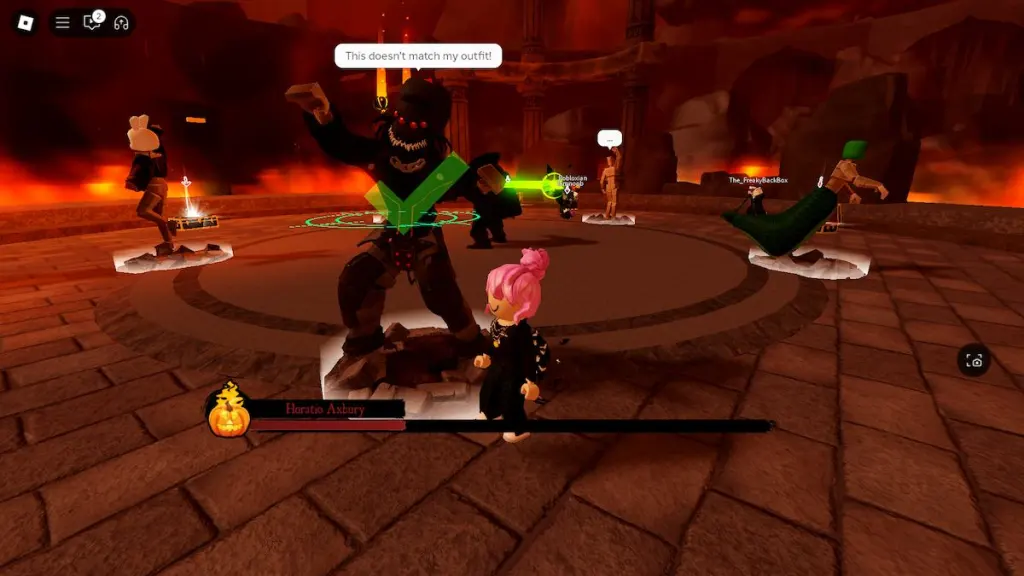 Uma fantasia assustadora na luta contra o chefe de The Haunt no Roblox.