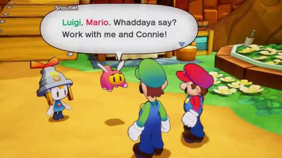 Captura de tela de Mario & Luigi: Brothership preview mostrando a dupla conversando com Snoutlet e Connie