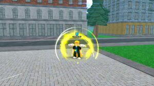 Roblox Spts Infinite Power Grind Standing On Tiled Stone Floor With Buildings Surrounded By A Yellow Bubble