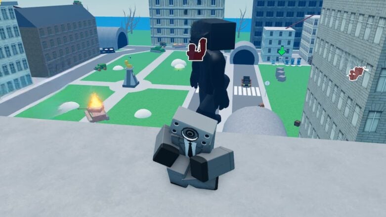 Roblox Bathroom Town Attack Avatar em cinza com um alto-falante dançando