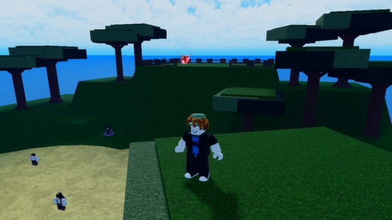 Segunda peça do Roblox em pé em uma árvore com vista para os inimigos na areia enquanto uma luta acontece ao fundo