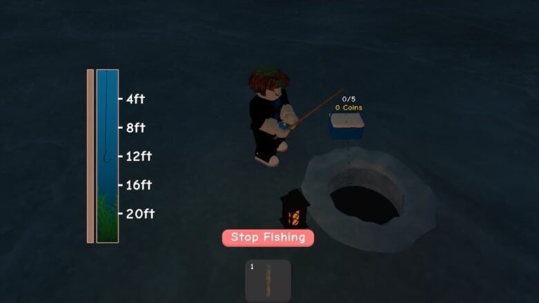 Simulador de pesca no gelo Roblox pegando um peixe