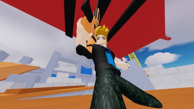 Roblox Rivals em pé posando segurando uma arma laranja