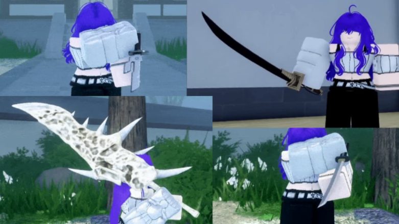 Uma colagem de quatro imagens mostrando um personagem do jogo Roblox 'Roblox Sorcery'. O personagem tem cabelo roxo e está equipado com uma espada detalhada de estilo fantasia com um design exclusivo de osso e cristal. Na imagem superior esquerda, o personagem é visto de costas, olhando para um ambiente urbano enevoado. A imagem superior direita é um close-up do perfil do personagem segurando a espada. A imagem inferior esquerda concentra-se na espada de design complexo com mais detalhes. A imagem inferior direita mostra o personagem por trás em um ângulo mais próximo, enfatizando a mochila e o punho da espada.