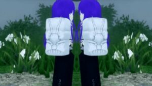 A character from the Roblox Sorcery game is shown from the waist down, featuring a pair of dark pants and a white prosthetic arm. The prosthetic arm is detailed with realistic features and is set against a mirrored backdrop of lush greenery and white flowers, creating an intriguing symmetrical effect.