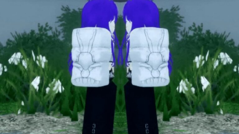 A character from the Roblox Sorcery game is shown from the waist down, featuring a pair of dark pants and a white prosthetic arm. The prosthetic arm is detailed with realistic features and is set against a mirrored backdrop of lush greenery and white flowers, creating an intriguing symmetrical effect.