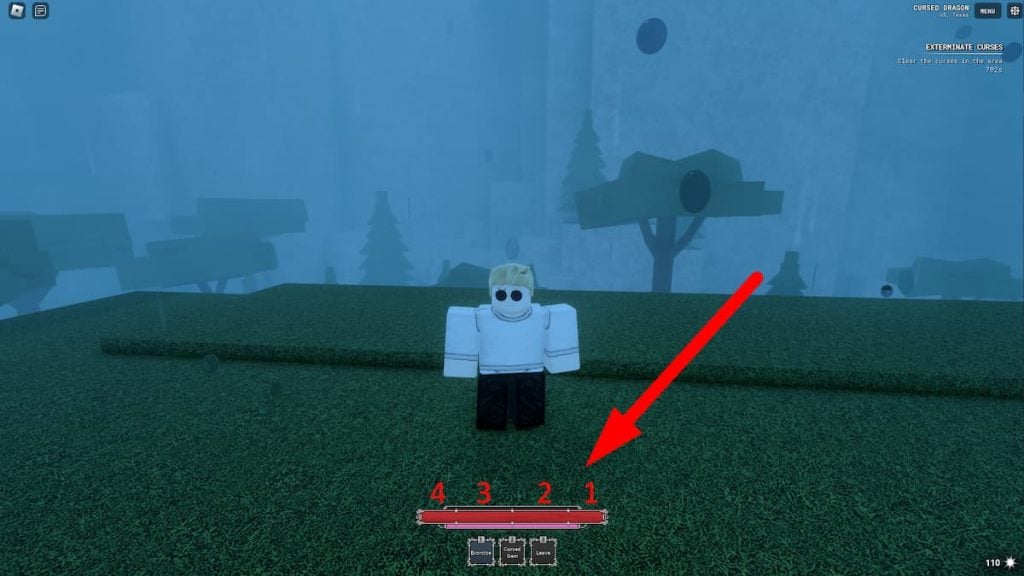 Uma captura de tela do jogo Roblox 'Roblox Sorcery' apresentando o avatar de um jogador em uma paisagem mística e nebulosa. O avatar está no centro da imagem, com expressão serena e traje casual, voltado para frente. Ao fundo, silhuetas de árvores e orbes flutuantes podem ser vistas através da névoa, aumentando a atmosfera mágica do jogo. Na parte inferior da tela há uma barra de ação vermelha com os números 4, 3, 2, 1, mostrando o segmento de saúde em sua barra de saúde.