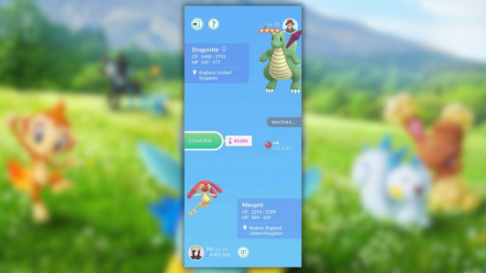 Custos de negociação do Pokémon Go – uma negociação ativa no jogo para celular mostrando dois jogadores negociando