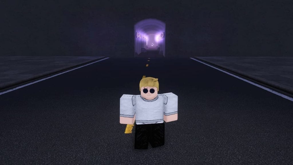 Um personagem Roblox com cabelo loiro e óculos escuros está no centro de uma estrada escura que leva a um túnel roxo misterioso e brilhante.