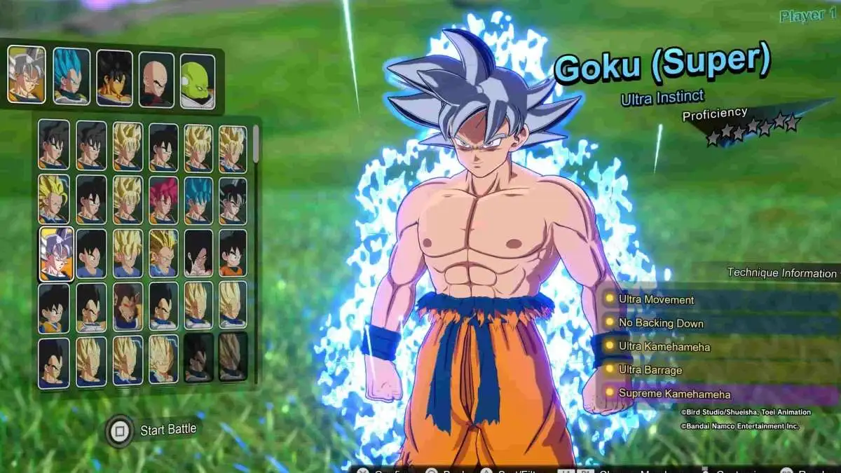 Ultra Instinct Goku na tela de seleção de personagens de Dragon Ball Sparking Zero.