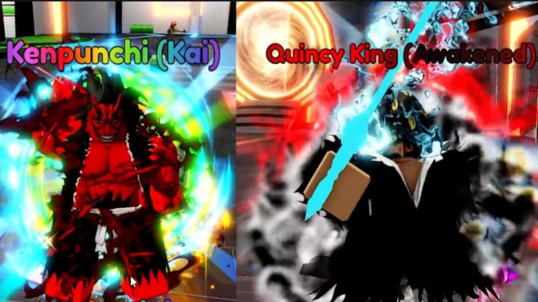 Uma imagem em tela dividida apresentando dois personagens da experiência Roblox ‘Anime Last Stand’. À esquerda, um personagem chamado Kenpunchi (Kai) é retratado com uma armadura vermelha e olhos brilhantes.' À direita, um personagem chamado Quincy King (Awakened) aparece em traje escuro com detalhes em azul e uma máscara.