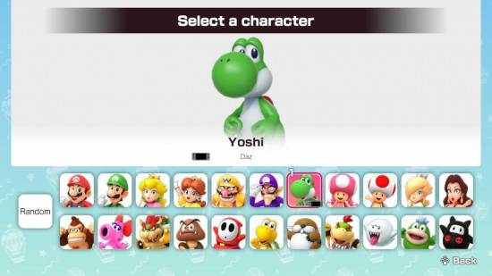 Personagens do Mario Party Jamboree: uma captura de tela da lista de personagens, com foco em Yoshi