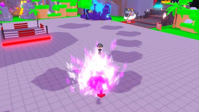 Roblox Punching Simulator 2 Punching A Purple Ball Of Flame Near Wrestling Ring