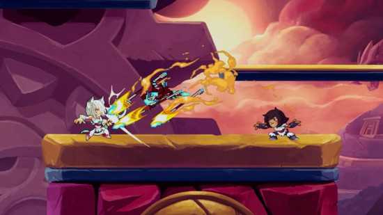 personagens em brawlhalla em uma batalha de plataforma 2v2