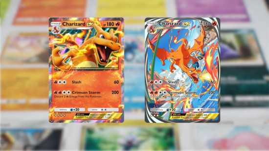 Cartas Pokémon TCG Pocket - duas cartas Charizard EX diferentes em um fundo desfocado