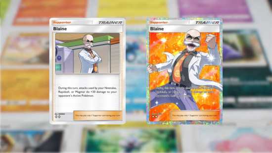 Cartas de bolso Pokémon TCG - duas cartas de treinador Blaine diferentes em um fundo desfocado