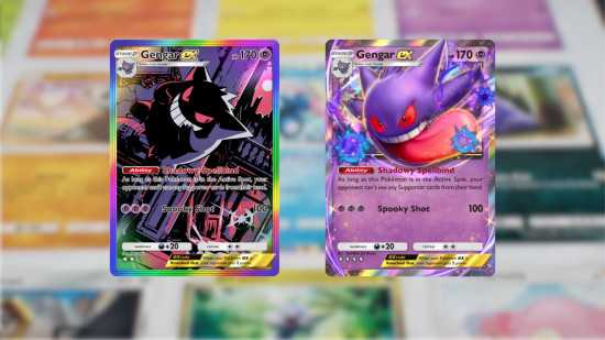 Cartas Pokémon TCG Pocket - duas cartas Gengar EX diferentes em um fundo desfocado