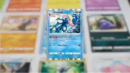 Cartas Pokémon TCG Pocket - uma carta Greninja azul em um fundo desfocado