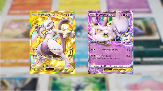 Cartas Pokémon TCG Pocket - duas cartas Mewtwo EX diferentes em um fundo desfocado