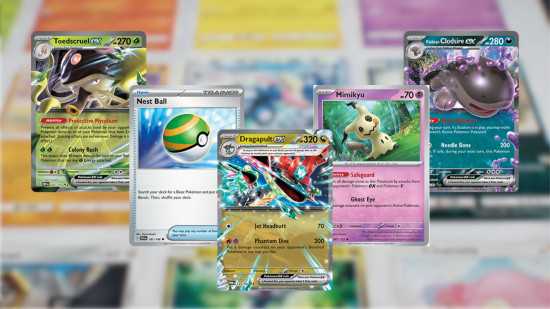 Cartas de bolso Pokémon TCG - cinco cartas mostrando diferentes pokémons e itens em um fundo desfocado