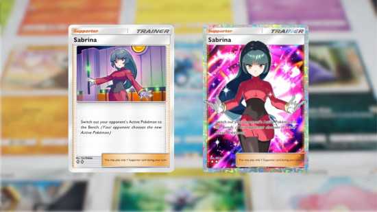 Cartas de bolso Pokémon TCG - duas cartas de treinador Sabrina diferentes em um fundo desfocado