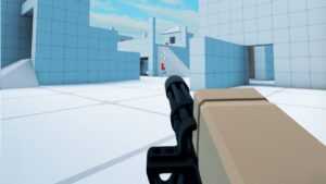 A first-person view in the Roblox game ‘Infection Gunfight,’ showing a player holding a minigun in an arena with blue and white structures under clear skies.”