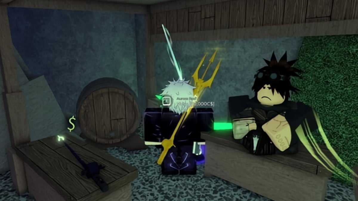 Jogador segurando uma Aurora Rod em Roblox Fisch.