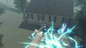 A dynamic scene within the ‘Realms Of the Multiverse’ Roblox game, featuring a character casting a powerful spell with blue and white energy radiating outward. The spell’s impact is visible on the ground, creating a burst of light and energy particles. The setting is a suburban area with a single-story house, lush green lawn, and trees in the background under a hazy sky.