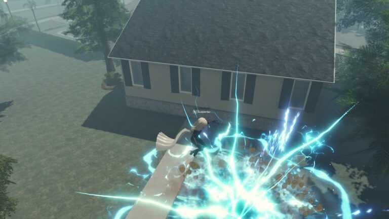 A dynamic scene within the ‘Realms Of the Multiverse’ Roblox game, featuring a character casting a powerful spell with blue and white energy radiating outward. The spell’s impact is visible on the ground, creating a burst of light and energy particles. The setting is a suburban area with a single-story house, lush green lawn, and trees in the background under a hazy sky.