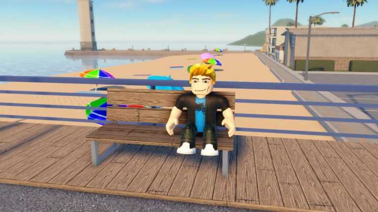 Roblox Rostreets Sitting On Pier Bench Overlooking The Beach And Multicolored Parasols