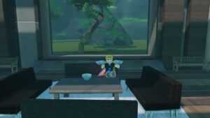 Roblox Better Anime Sitting On Sofa With Window Behind With Tree And Boulder