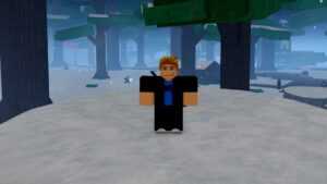 Roblox Slayer Online Standing On Boulder Covered In Snow With Trees Behind