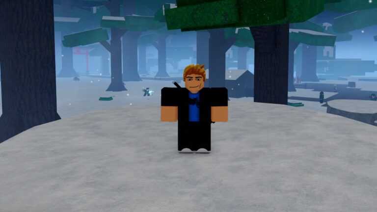 Roblox Slayer Online Standing On Boulder Covered In Snow With Trees Behind