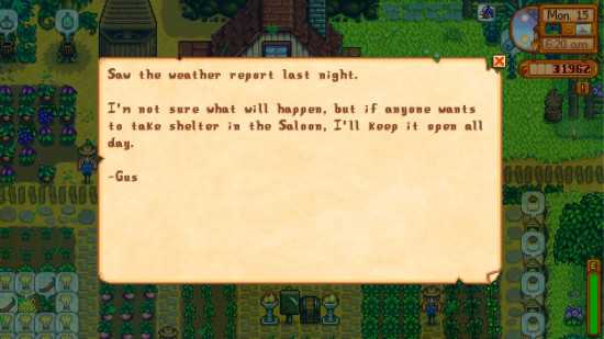 stardew Valley green rain – um pop-up mostrando uma carta sobre a chuva verde de Gus